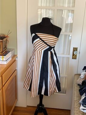 Moulinette Soeurs Strapless Striped Dress in Black, White & Brown